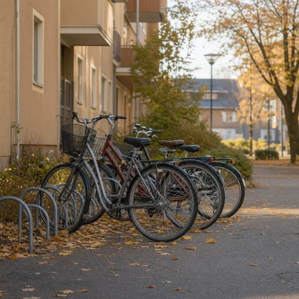 Cykel låst i cykelställ på en svensk innergård