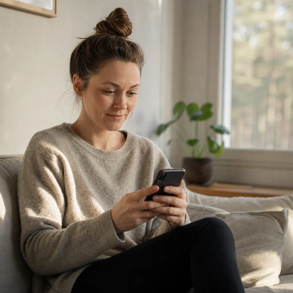 Person i soffan som tecknar Hedvigs hemförsäkring via mobilappen