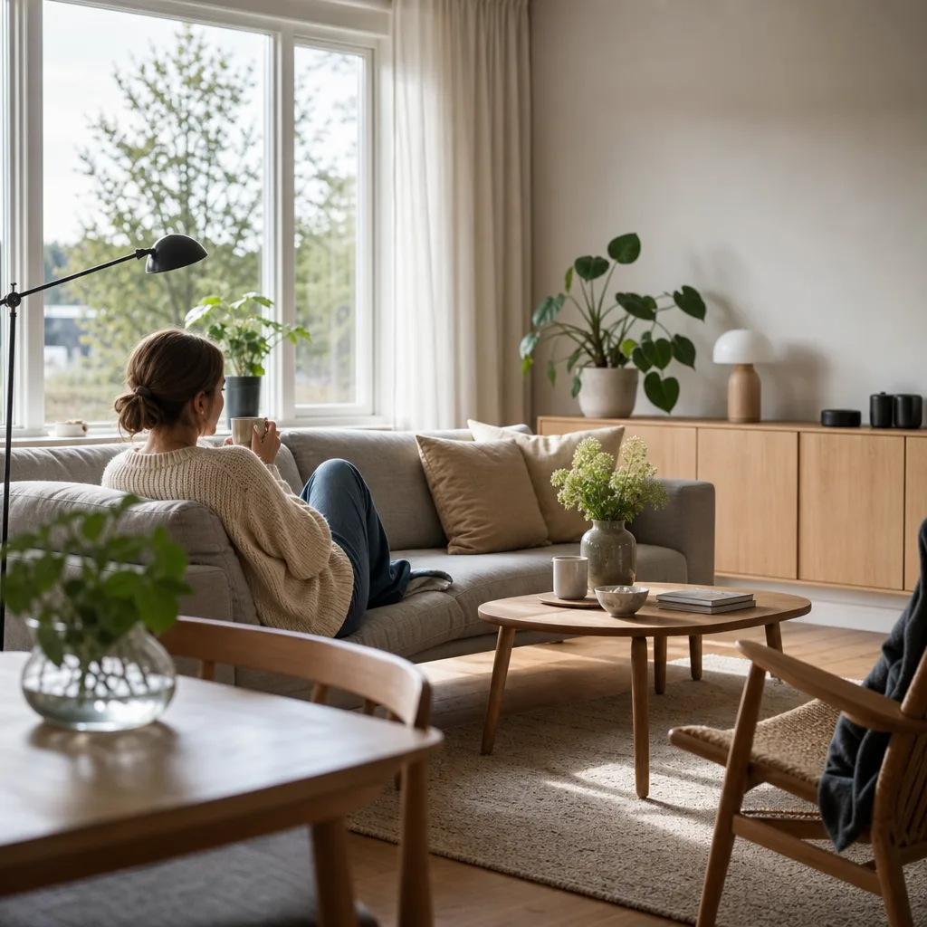 Vardagsrum i svensk lägenhet med soffa och bokhylla