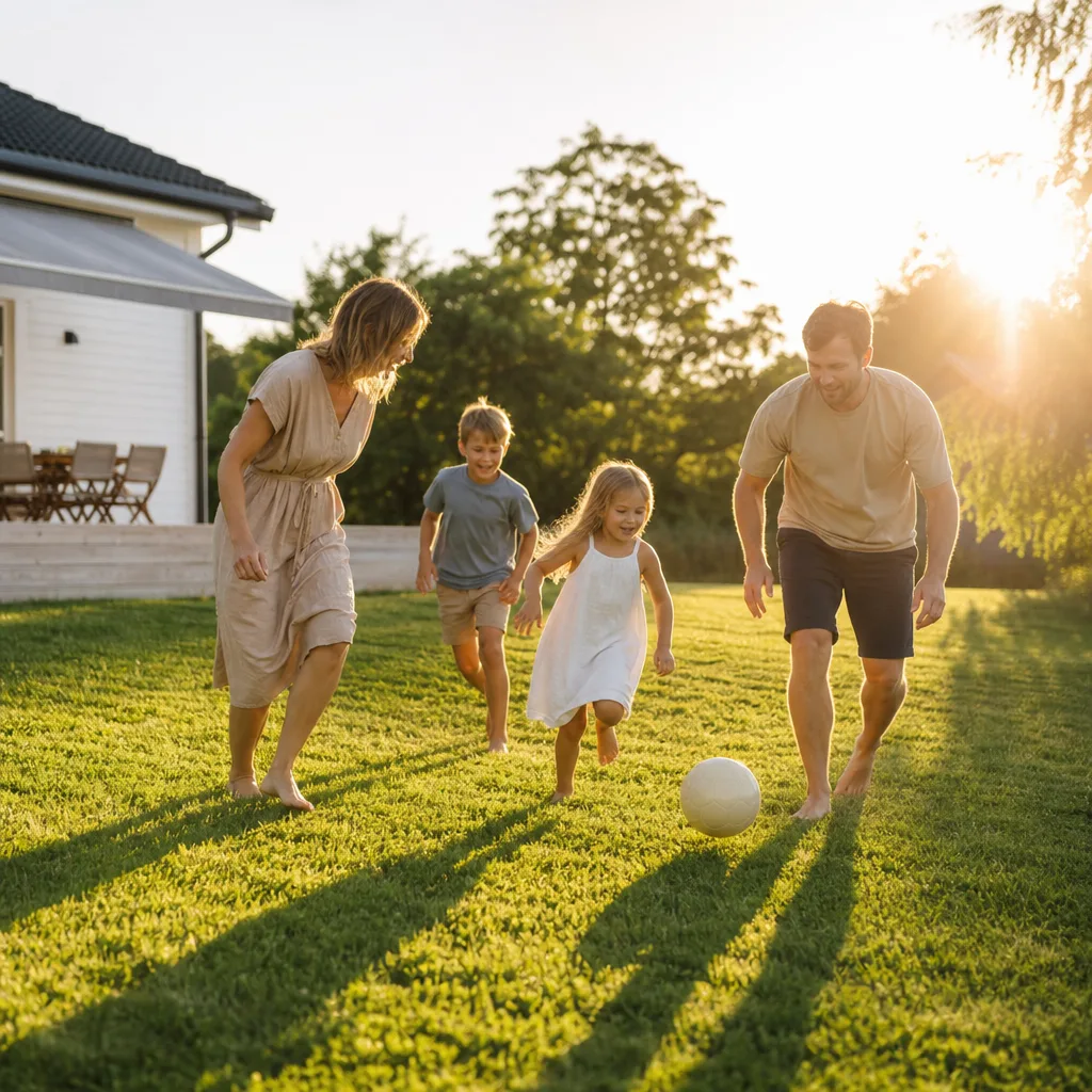 Svensk familj utanför sitt hus en sommardag