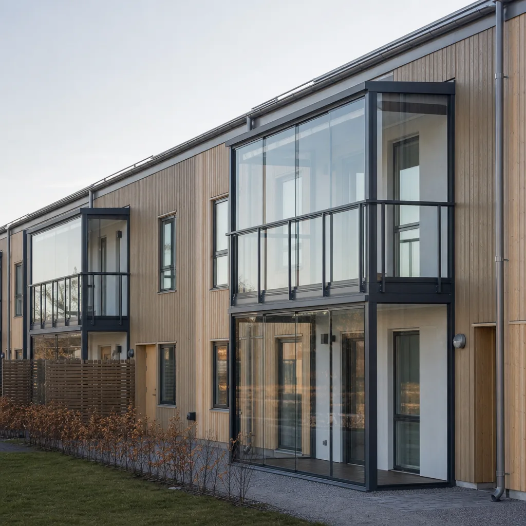 Byggplats för nyproducerad villa med byggnadsställningar