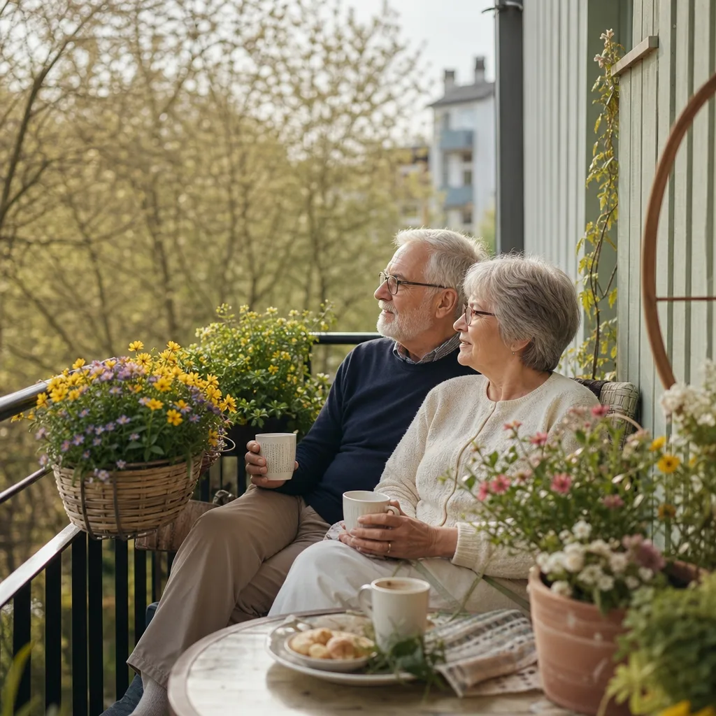 Senior på balkong med utsikt över stad