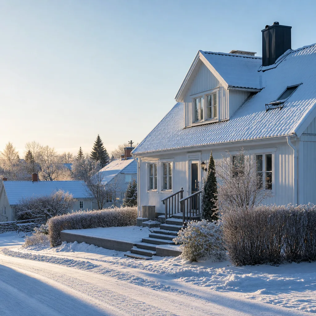 Svensk villa i vinterlandskap med snö på taket