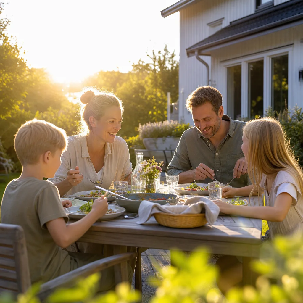 Familj med barn i trädgården framför villa